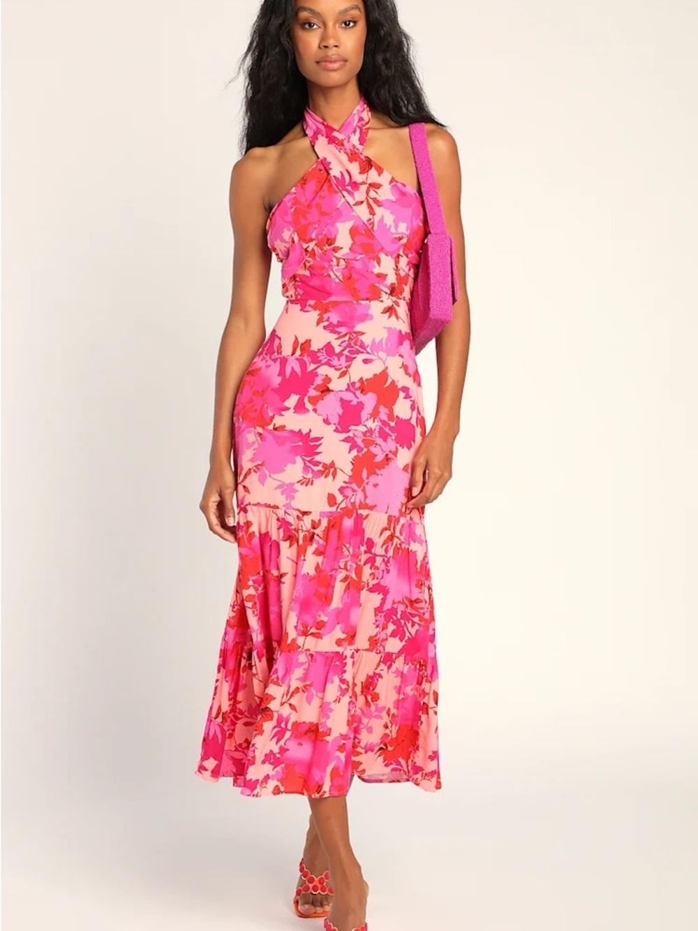 Lulu's One-Shoulder Floral Midi Dress in Hot Pink and Peach